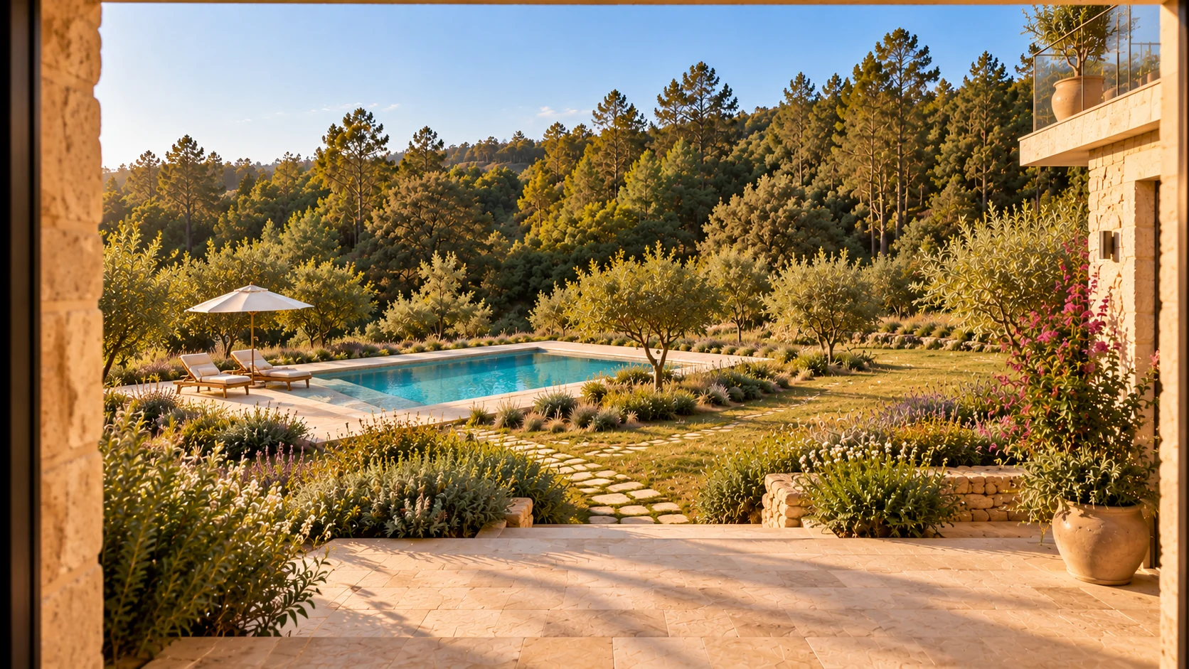 Piscina com zona de descanso integrada num socalco de pedra